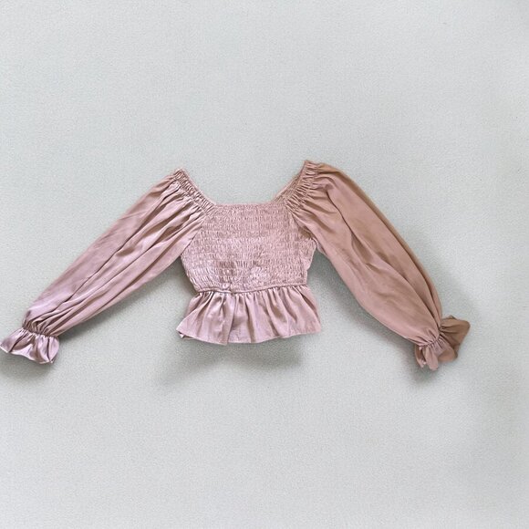 She + Sky Blouse Mauve Size S Smocked Puff Sleeve Ruffle Hem Dusty Rose Pink - Picture 2 of 6